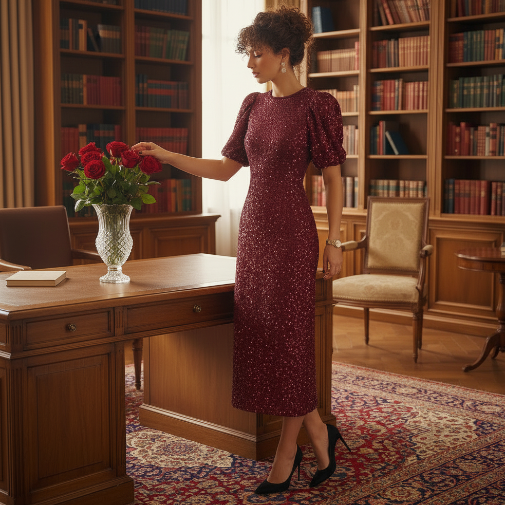 Puff Sleeve Sequin Midi Dress