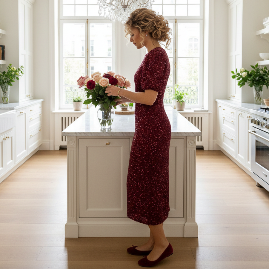 Puff Sleeve Sequin Midi Dress