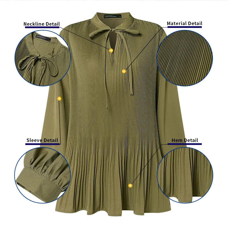 ZANZEA Plus Size Fine Pleated Long Sleeve Top