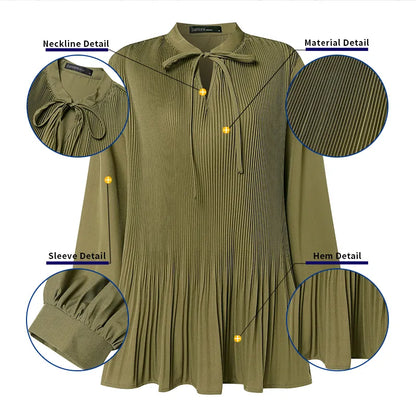 ZANZEA Plus Size Fine Pleated Long Sleeve Top