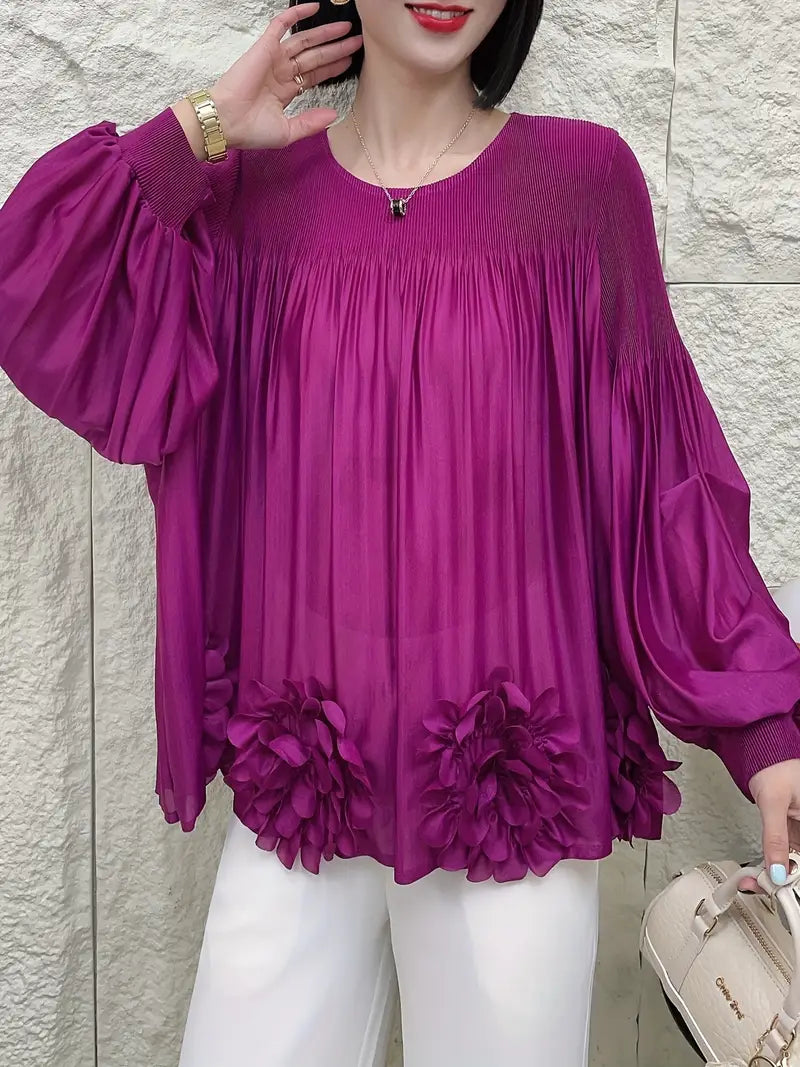 Floral Applique Round-Neck Pleated Blouse Tops