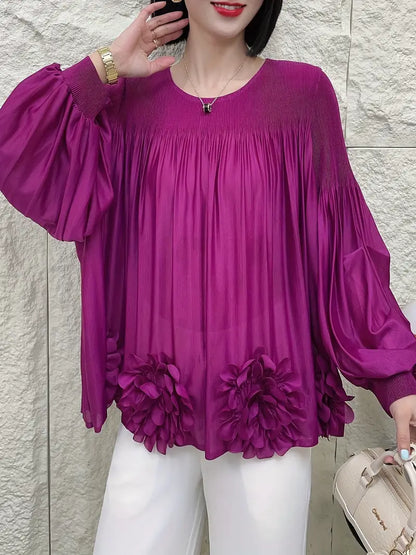 Floral Applique Round-Neck Pleated Blouse Tops