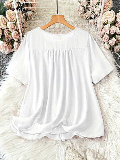 Polka Dot Textured Short Sleeved Blouse Top