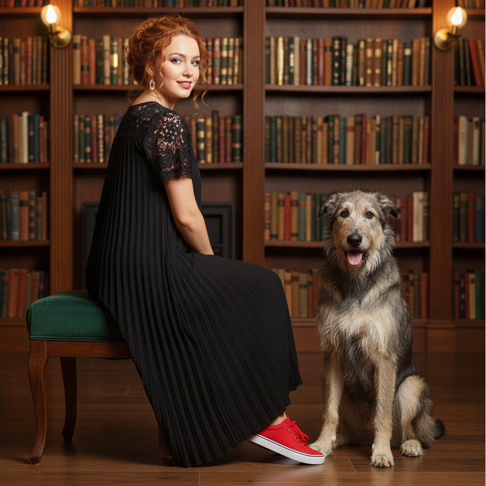 Plus Size Elegant Lace Trim Pleated Dress