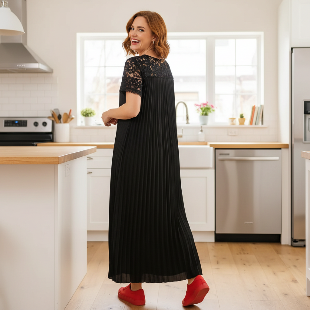 Plus Size Elegant Lace Trim Pleated Dress