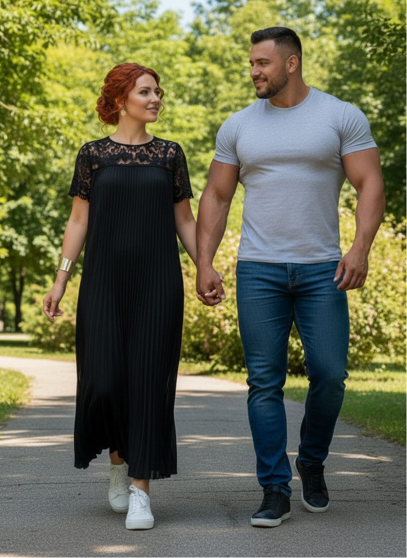 Plus Size Elegant Lace Trim Pleated Dress