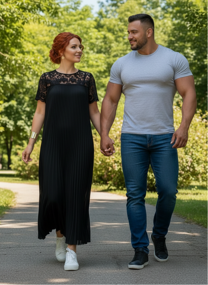 Plus Size Elegant Lace Trim Pleated Dress