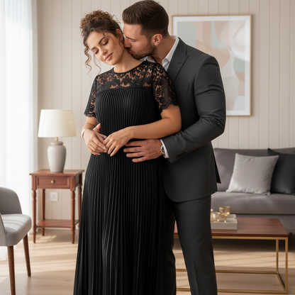 Plus Size Elegant Lace Trim Pleated Dress