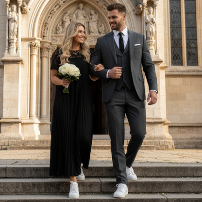 Plus Size Elegant Lace Trim Pleated Dress