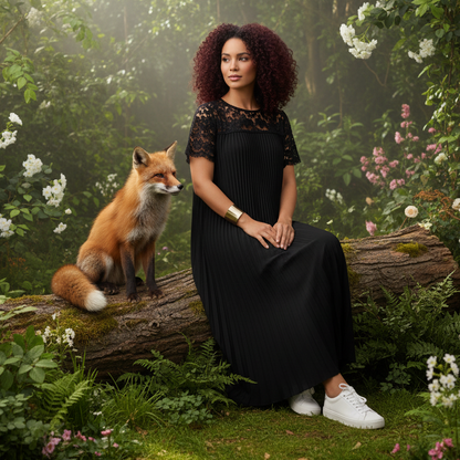 Plus Size Elegant Lace Trim Pleated Dress