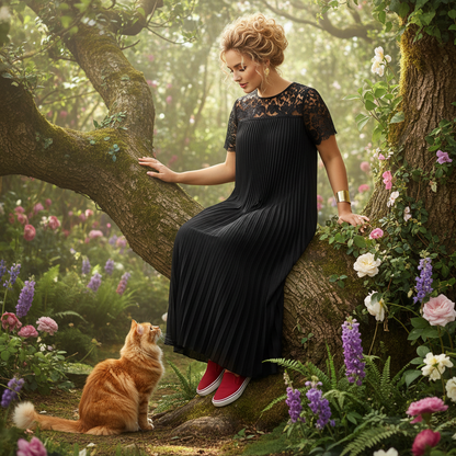 Plus Size Elegant Lace Trim Pleated Dress