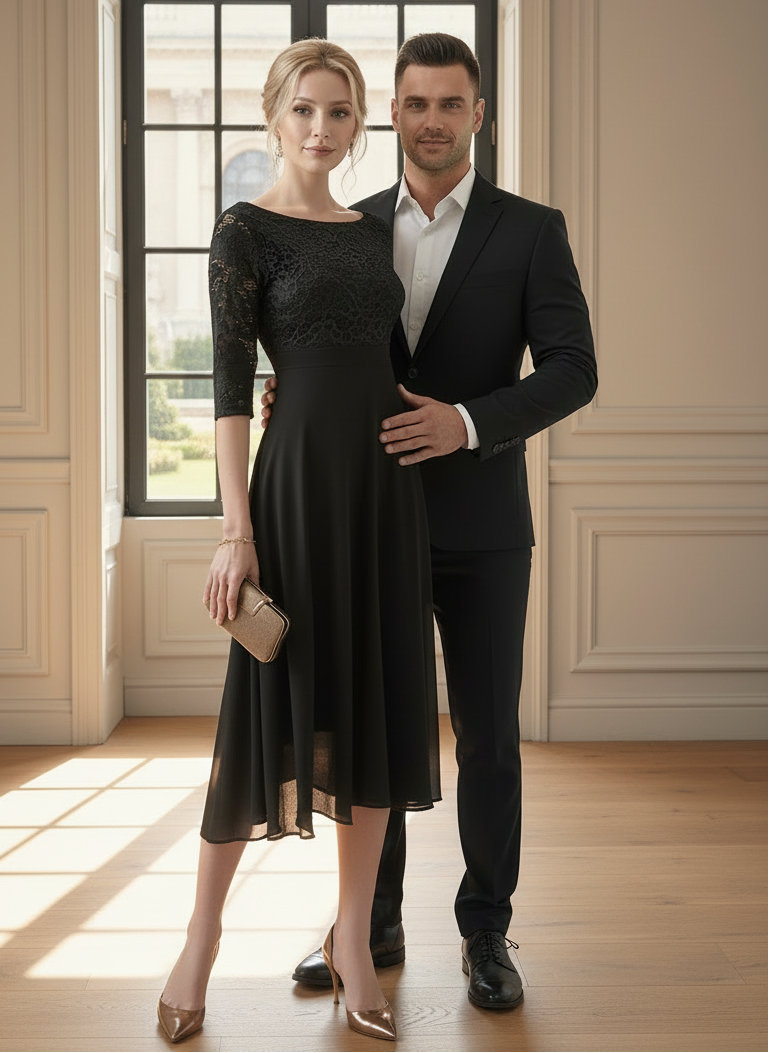 Vogue Chiffon Lace Midi Dress