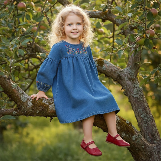 MISSIE Embroidered Long Sleeve Denim Dress