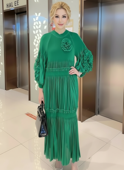 Elegant Floral Applique Fine Pleated Polyester Ruffle Dresses