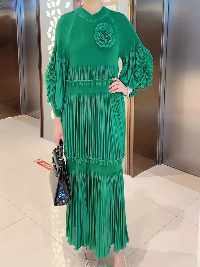 Elegant Floral Applique Fine Pleated Polyester Ruffle Dresses