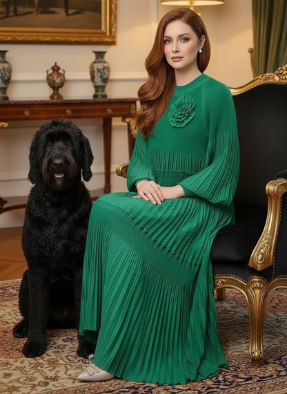 Elegant Floral Applique Fine Pleated Polyester Ruffle Dresses