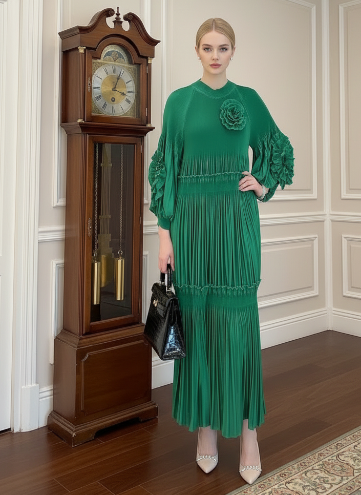 Elegant Floral Applique Fine Pleated Polyester Ruffle Dresses