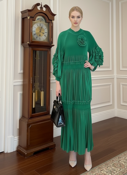 Elegant Floral Applique Fine Pleated Polyester Ruffle Dresses