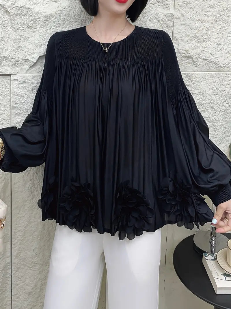 Floral Applique Round-Neck Pleated Blouse Tops