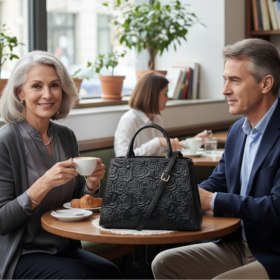 Floral Embossed Genuine Leather Handbag