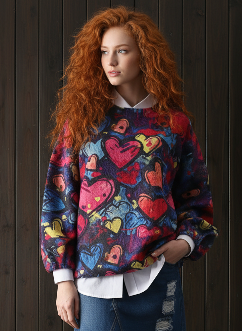 Graffiti Hearts Knit Pullover