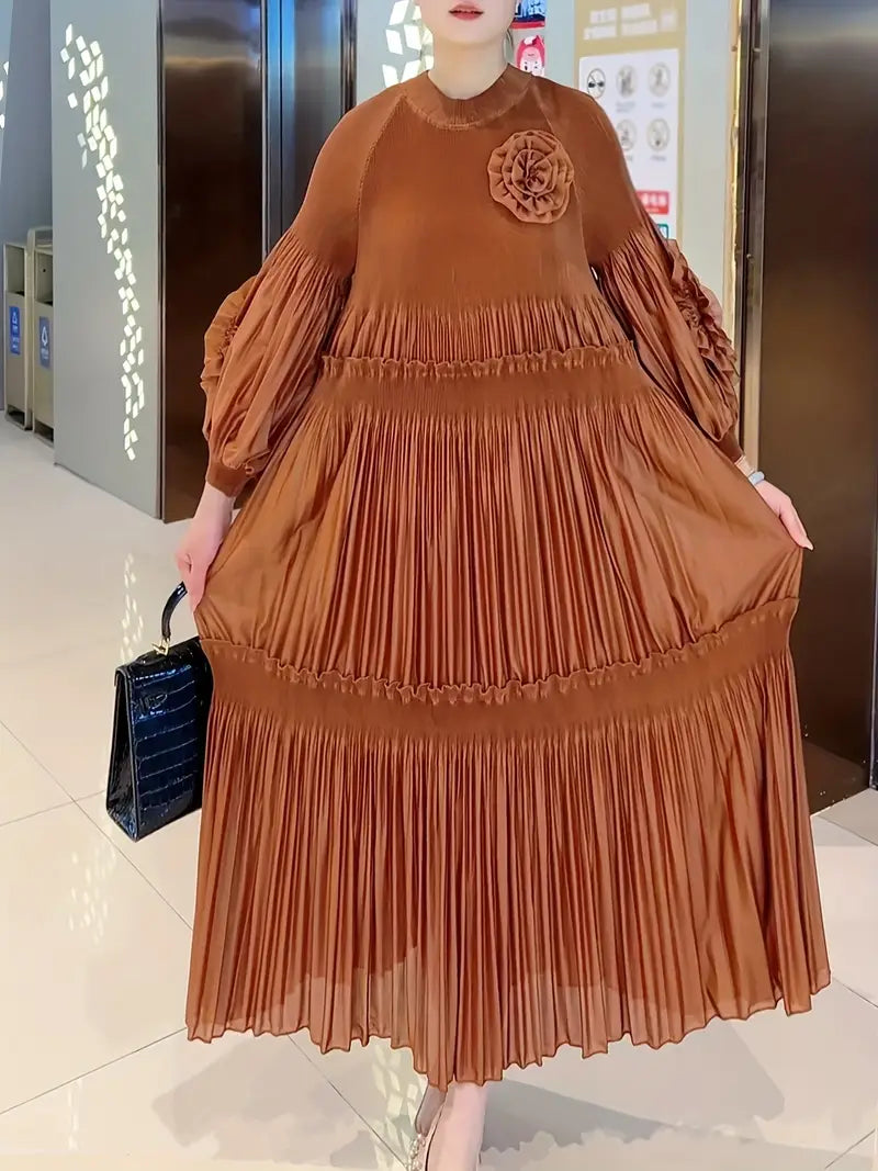 Elegant Floral Applique Fine Pleated Polyester Ruffle Dresses