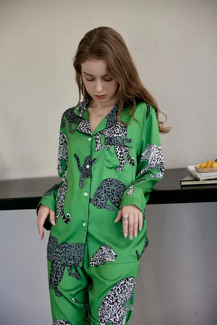 Green Leopard Silk Pajama Sleepwear Set