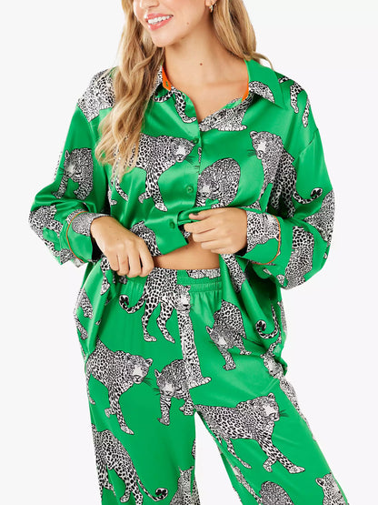 Green Leopard Silk Pajama Sleepwear Set