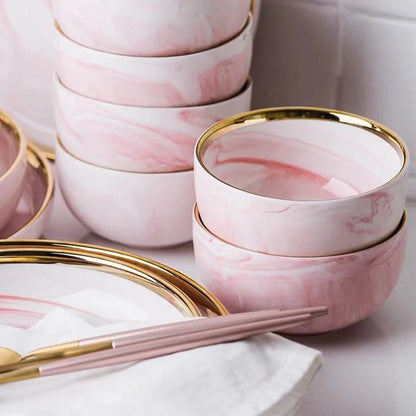 CasaVero's Pink Marble Gold Rim Dinnerware