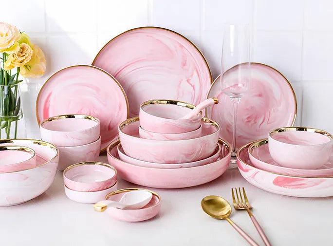 CasaVero's Pink Marble Gold Rim Dinnerware