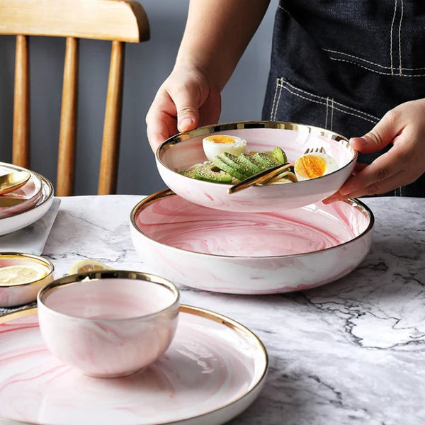 CasaVero's Pink Marble Gold Rim Dinnerware