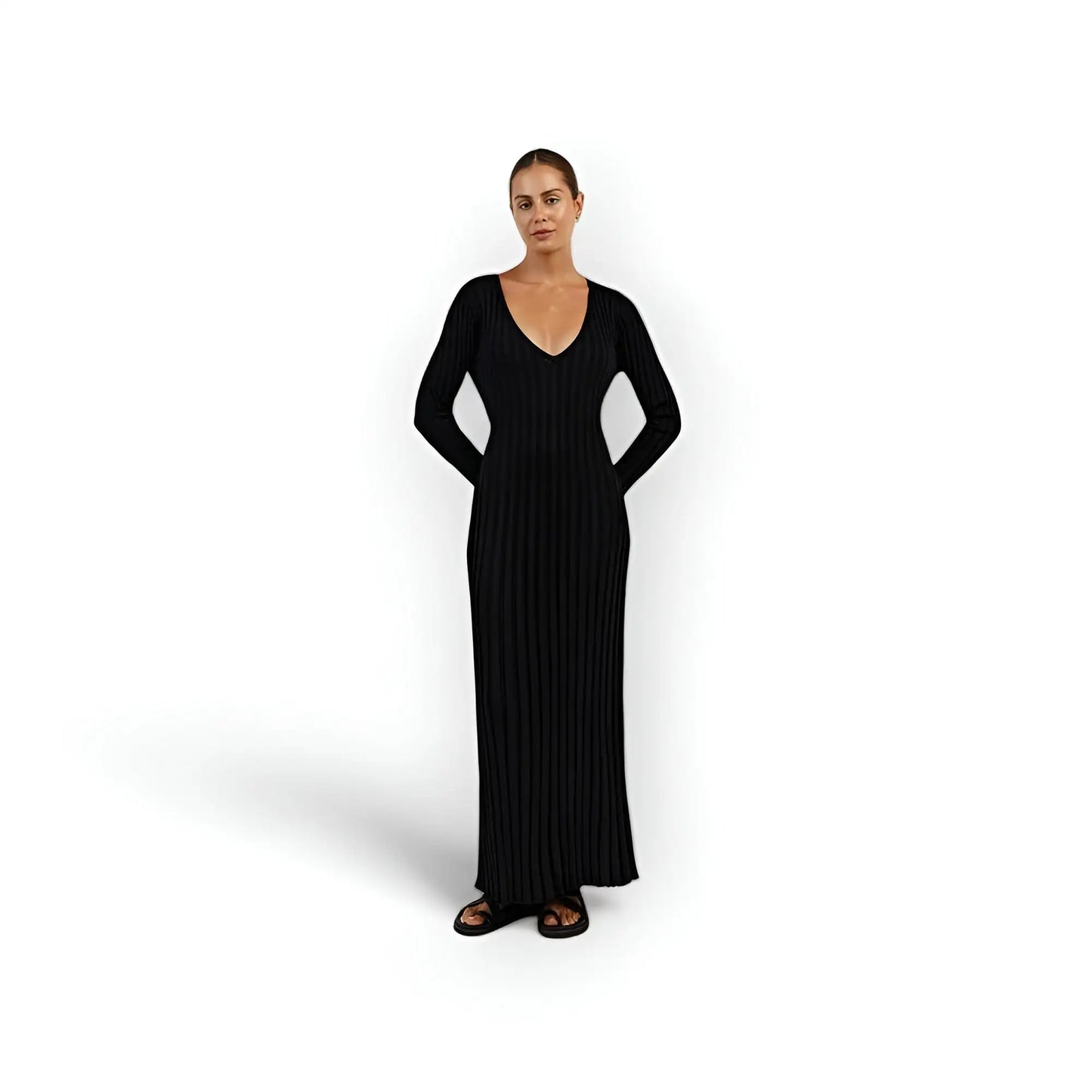 V Neck Long Sleeved Knit Maxi Dress