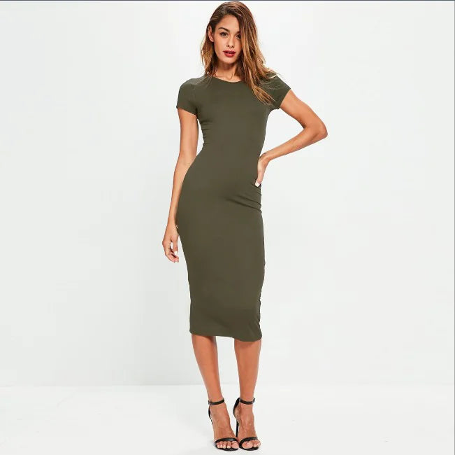 Short Sleeve Crew Neck Midi Bodycon Slip Dress