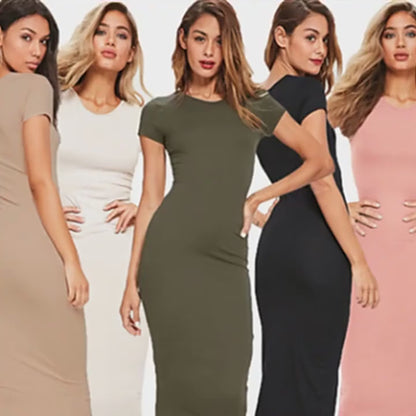 Short Sleeve Crew Neck Midi Bodycon Slip Dress