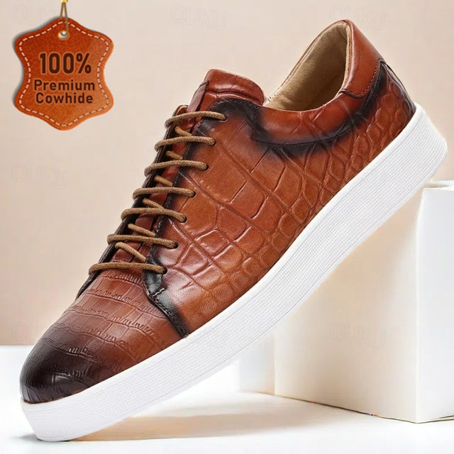 Derby Crocodile Embossed Flat Leather Sneakers