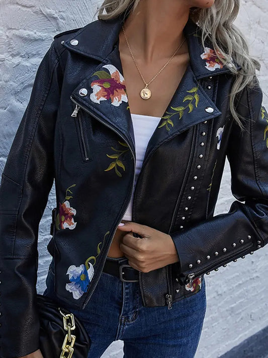 Floral Embroidered Biker Style Vegan Leather Jacket