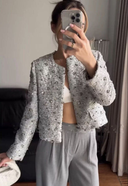 Silver Sequined Cropped Jacket