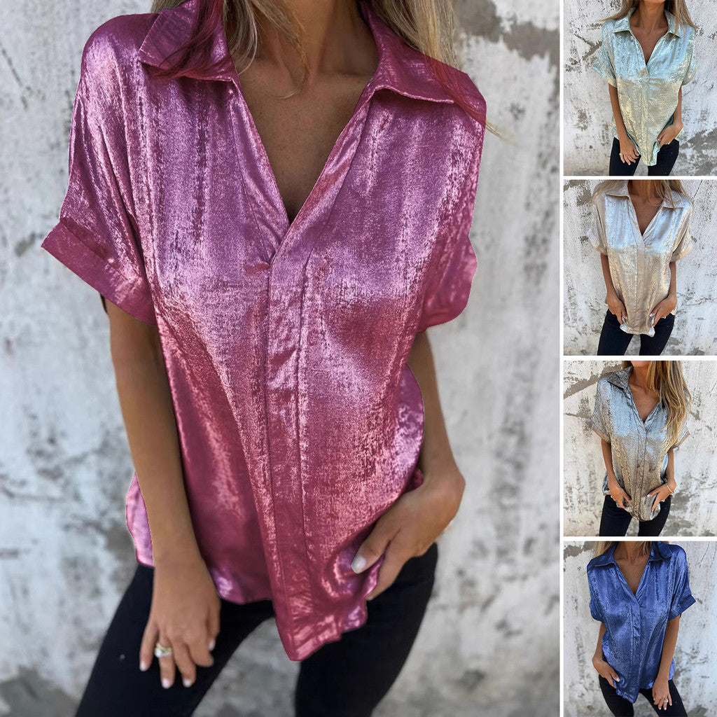 Metallic Polyester Short Sleeve Blouse