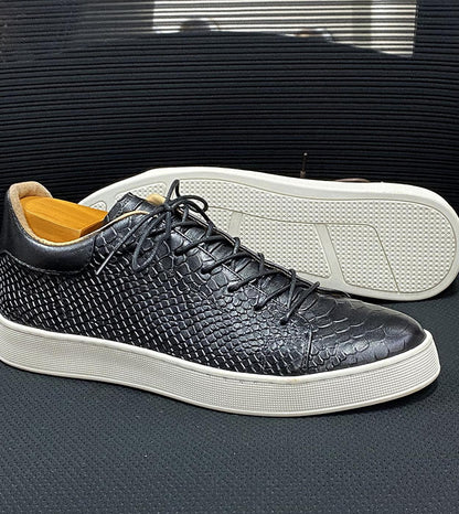 Derby Crocodile Embossed Flat Leather Sneakers
