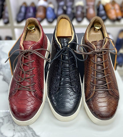 Derby Crocodile Embossed Flat Leather Sneakers