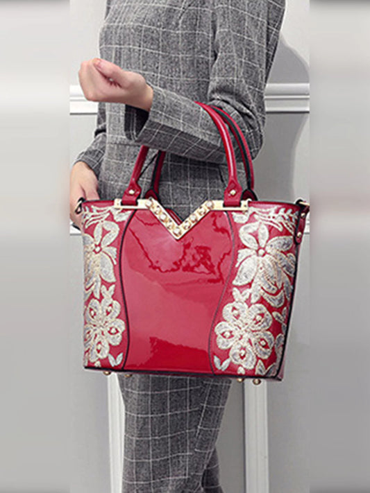 Luxury Sequin Embroidery Patent Leather Handbag