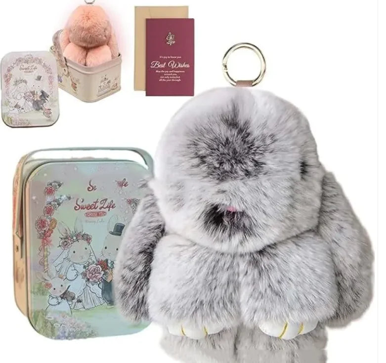 Sweet Life Bunny Lulu - Plush Rabbit Fur Key Ring and Tin