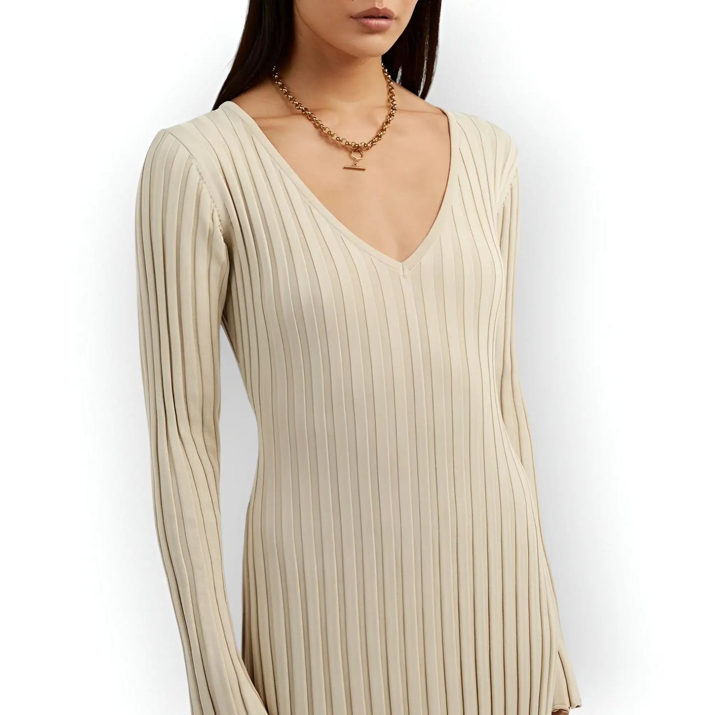 V Neck Long Sleeved Knit Maxi Dress