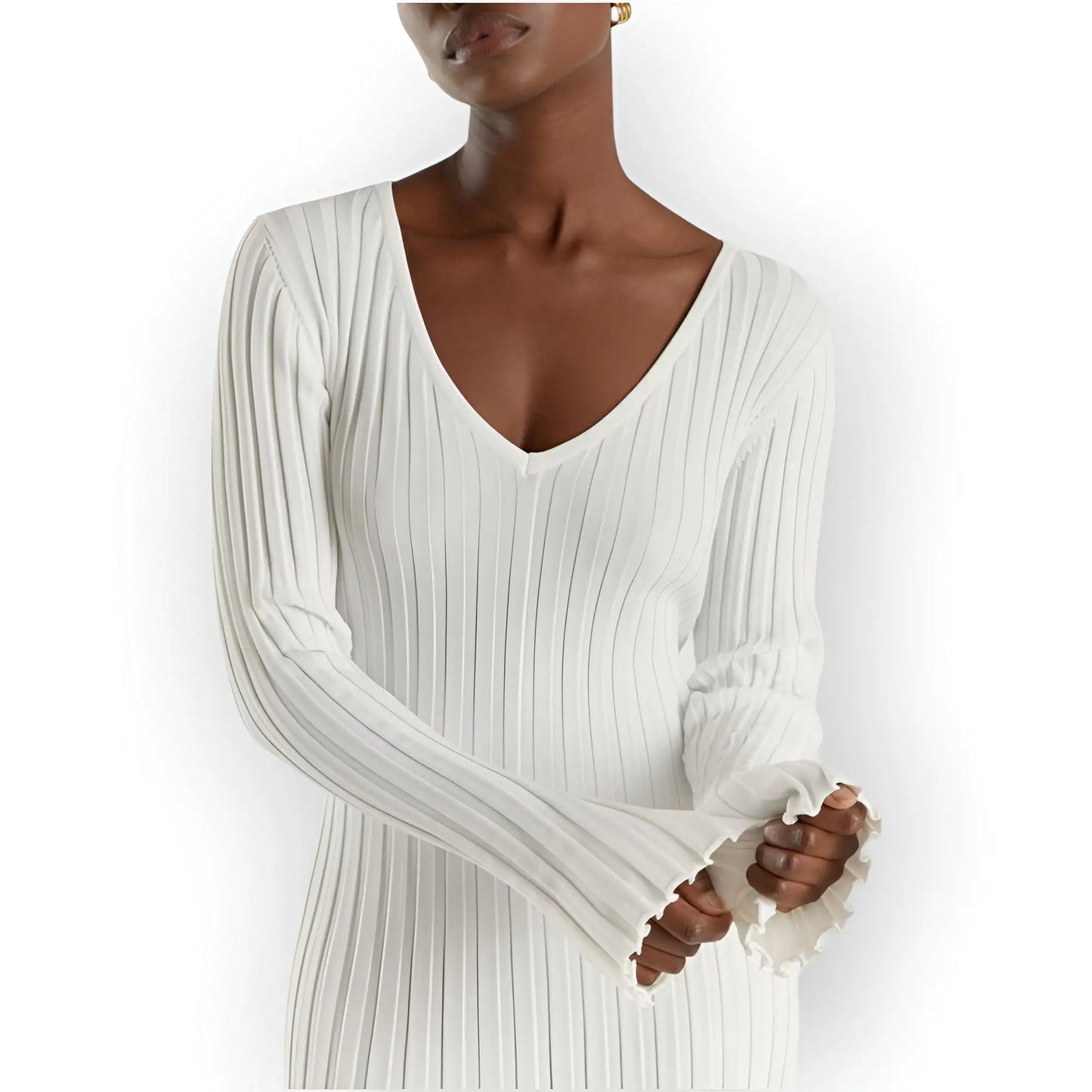 V Neck Long Sleeved Knit Maxi Dress