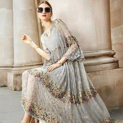 Boutique Embroidered Baby Doll Midi Dress