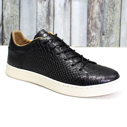 Derby Crocodile Embossed Flat Leather Sneakers