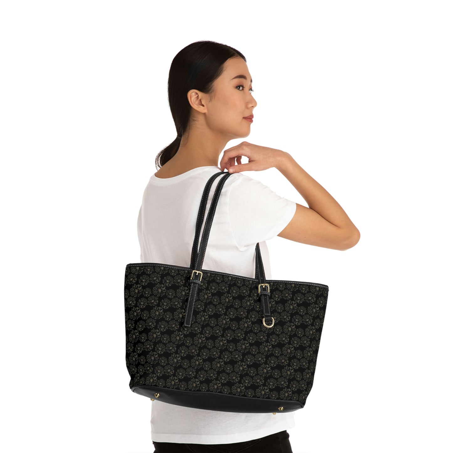 Vegan Leather Tote Bag - Large (Black Floral)