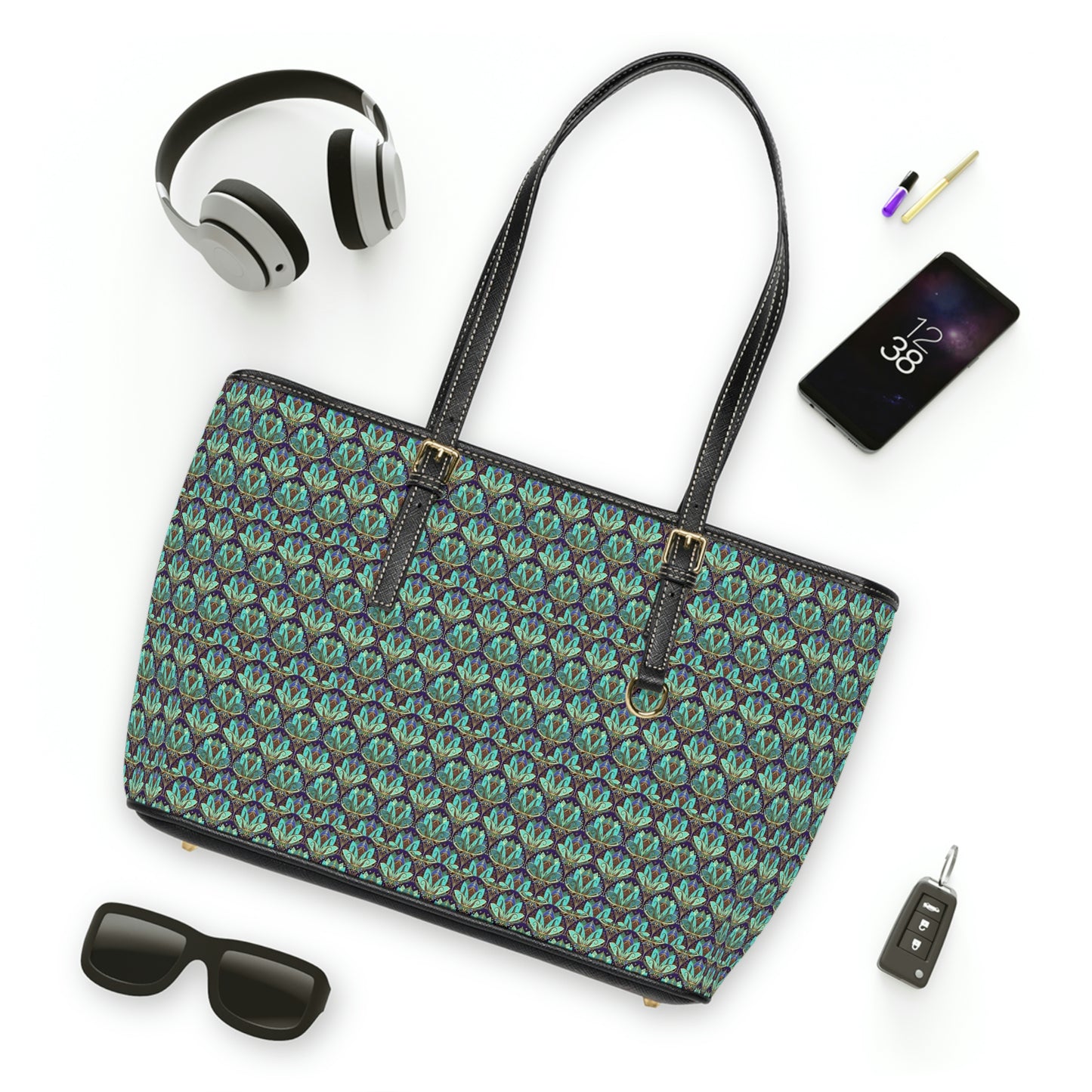 Large Vegan Leather Tote Bag - Print (Green)